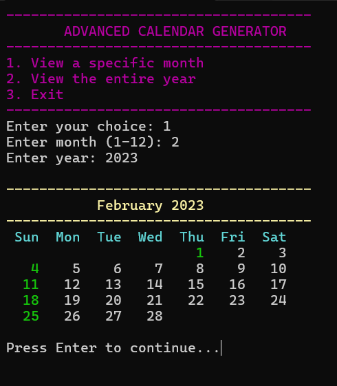 C++ Calendar with Colorful Text Output