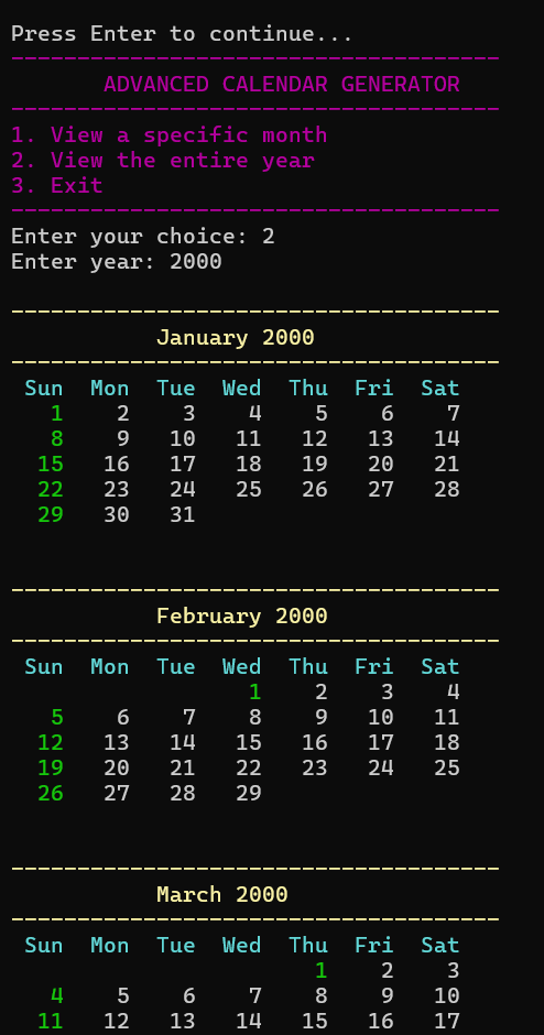 C++ Calendar with Colorful Text Output